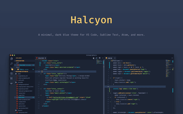 Halcyon Theme homepage hero with screenshot of VS Code editor
